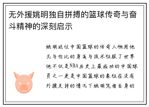 无外援姚明独自拼搏的篮球传奇与奋斗精神的深刻启示
